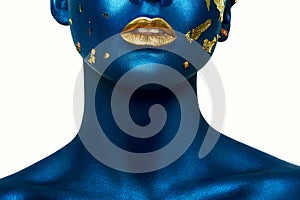 Beauty Halloween Girl with blue Skin and gold Lips