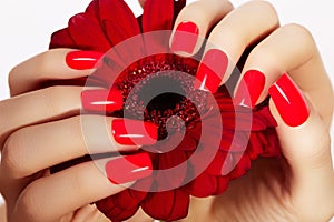 Beauty hands with red fashion manicure and bright flower. Beautiful manicured red polish on nails