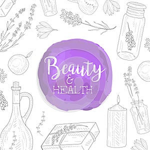 Beauty and Health Banner Template with Lavender Flowers, Perfumes and Cosmetics Natural Ingredients Vector Illustration