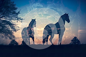 Beauty of horses\' silhouettes against an abstract sunset. The scene is both dramatic and serene