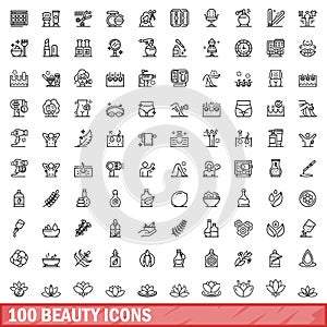 100 beauty icons set, outline style