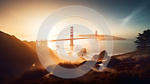 Beauty image of Golden Gate bridge at sunset, illustration ai generative