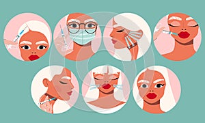 Beauty injection icons. Lip fillers, master holding a syringe, client and facial creme. Collection of cosmetology