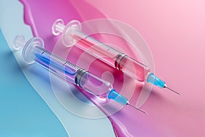 Beauty injection syringes for lip augmentation injection on pastel background. Injections with fillers for lips or wrinkles