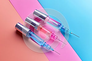 Beauty injection syringes for lip augmentation injection on pastel background. Injections with fillers for lips or wrinkles