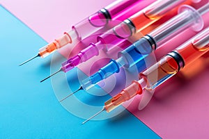 Beauty injection syringes for lip augmentation injection on pastel background. Injections with fillers for lips or wrinkles