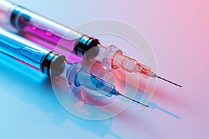 Beauty injection syringes for lip augmentation injection on pastel background. Injections with fillers for lips or wrinkles