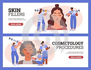 Beauty Injections with skin fillers cosmetology, banners vector illustrations.