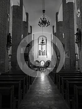 Beauty interior, Saint Nicolaus Catholic Church in Elblag, Poland. Artistic look in black and white.