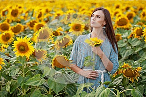 Beauty joyful girl  enjoying nature on the field of sunflowers at sunset