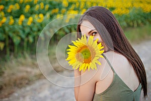 Beauty joyful girl with sunflower enjoying nature and laughing on the field of sunflowers at sunset. Copy space