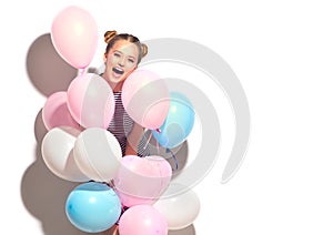 Beauty joyful teenage girl with colorful air balloons having fun