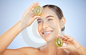 Beauty, kiwi and woman with face and smile, skincare and organic, vegan cosmetic care for healthy skin. Microblading