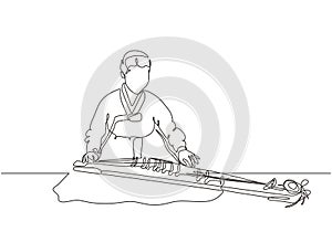 Beauty korean girl with handbook playing gayageum traditional music instrument vector illustration continuous one line drawing
