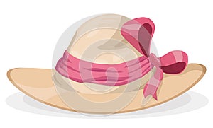 Beauty Lady Hat with Pink Ribbon and Bow, Vector Illustration