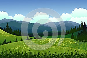 Beauty landscape with pine forest and mountain background