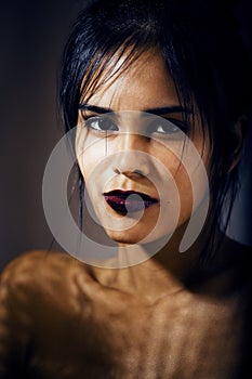 beauty latin young woman in depression, hopelessness look, fashi