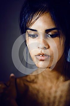 Beauty latin young woman in depression, hopelessness look, fashion makeup modern