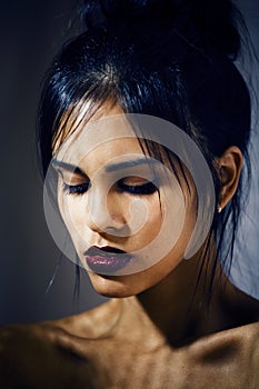 Beauty latin young woman in depression, hopelessness look, fashion makeup modern