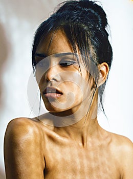 Beauty latin young woman in depression, hopelessness look, fashion makeup modern