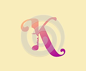 Beauty Letter K Logo Icon. Beautiful woman`s face shape on Letter.  Abstract design concept for beauty salon, massage, magazine,