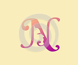 Beauty Letter N Logo Icon. Beautiful woman`s face shape on Letter.  Abstract design concept for beauty salon, massage, magazine,