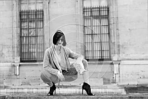 Beauty, look, make up. Sensual woman pose on high heels in paris, france, fashion. Fashion, accessory, vogue. Woman with