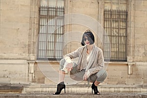 Beauty, look, make up. Sensual woman pose on high heels in paris, france, fashion. Fashion, accessory, vogue. Woman with