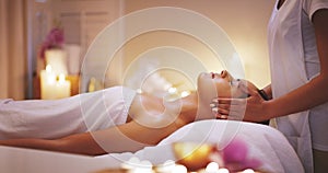 Beauty, luxury and woman with massage, spa and peace with stress relief, wellness and body treatment. Female person