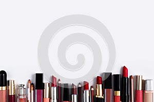Beauty and makeup cosmetics, flat lay of lipsticks photo