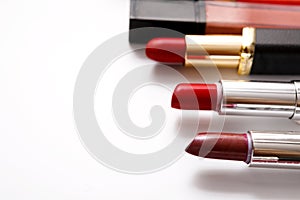 Beauty and makeup cosmetics, flat lay of lipsticks photo