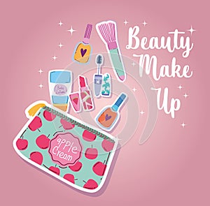 beauty makeup kit mascara, nail polish, lipstick, brush and body lotion