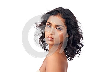 Beauty, makeup and portrait for Indian woman, skincare and self care on white background. Confidence, hairstyle and