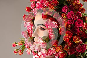 Beauty makeup profile face woman with roses closeup