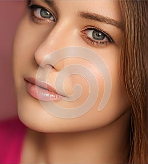 Beauty, makeup and skincare cosmetics model face portrait on pink background, beautiful woman with natural make-up