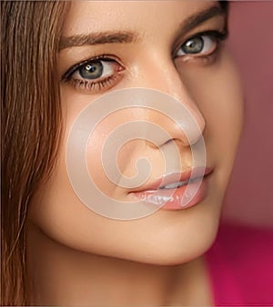 Beauty, makeup and skincare cosmetics model face portrait on pink background, beautiful woman with natural make-up