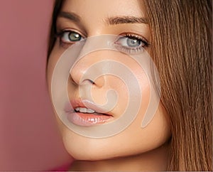 Beauty, makeup and skincare cosmetics model face portrait on pink background, beautiful woman with natural make-up