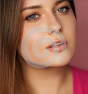 Beauty, makeup and skincare cosmetics model face portrait on pink background, beautiful woman with natural make-up