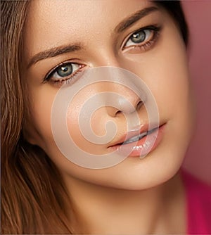 Beauty, makeup and skincare cosmetics model face portrait on pink background, beautiful woman with natural make-up, perfect