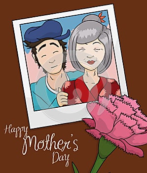 Beauty Memory Photo of Mom and Son in Mother's Day, Vector Illustration