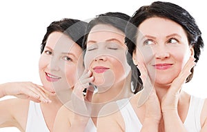 Beauty middle age woman collage face portrait. Spa and anti aging concept Isolated on white background. Plastic surgery