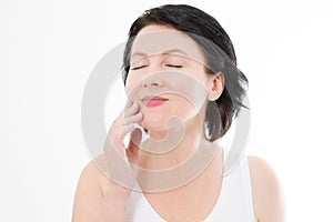 Beauty middle age woman face portrait. Spa and anti aging concept Isolated on white background. Plastic surgery and collagen face