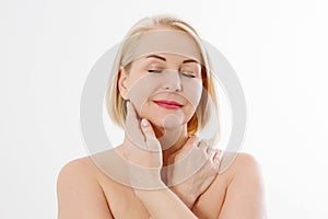 Beauty middle age woman face portrait. Spa and anti aging concept Isolated on white background. Plastic surgery and collagen face