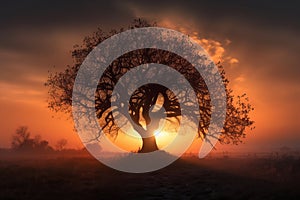 Beauty misterious tree in the sunset. Generate Ai