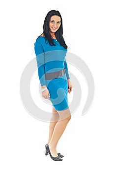 Beauty model in blue tight dress