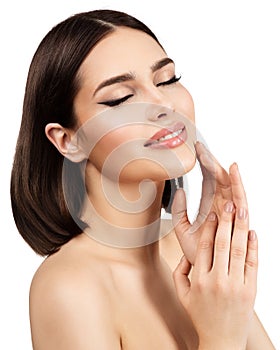 Beauty Model Face Skin Care Cosmetics. Woman with Eyeliner Make up on closed Eyes over isolated White. Women Nail Manicure