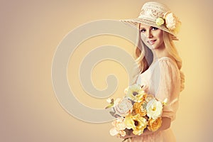 Beauty Model in Fashion Broad Brim Hat, Woman and Peony Flowers
