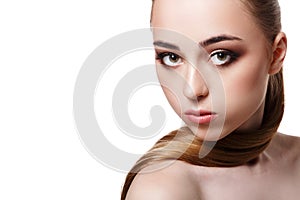 Beauty model on white background, fashion shooting