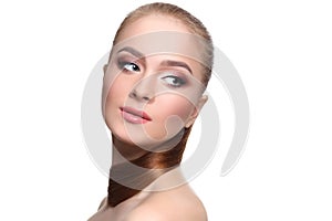 Beauty model on white background, fashion shooting