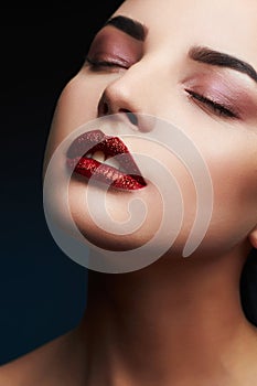 Beauty Model Woman.Sexy Beauty Red Lips Makeup Detail photo